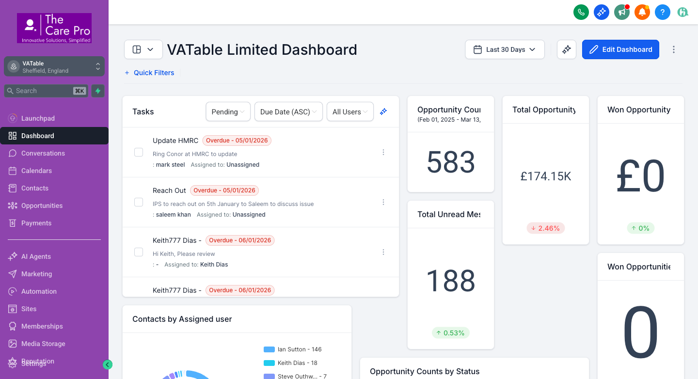 VATable GHL Dashboard showing sidebar navigation with Conversations, Marketing, and Settings links