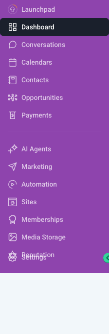 GHL sidebar navigation showing Contacts link