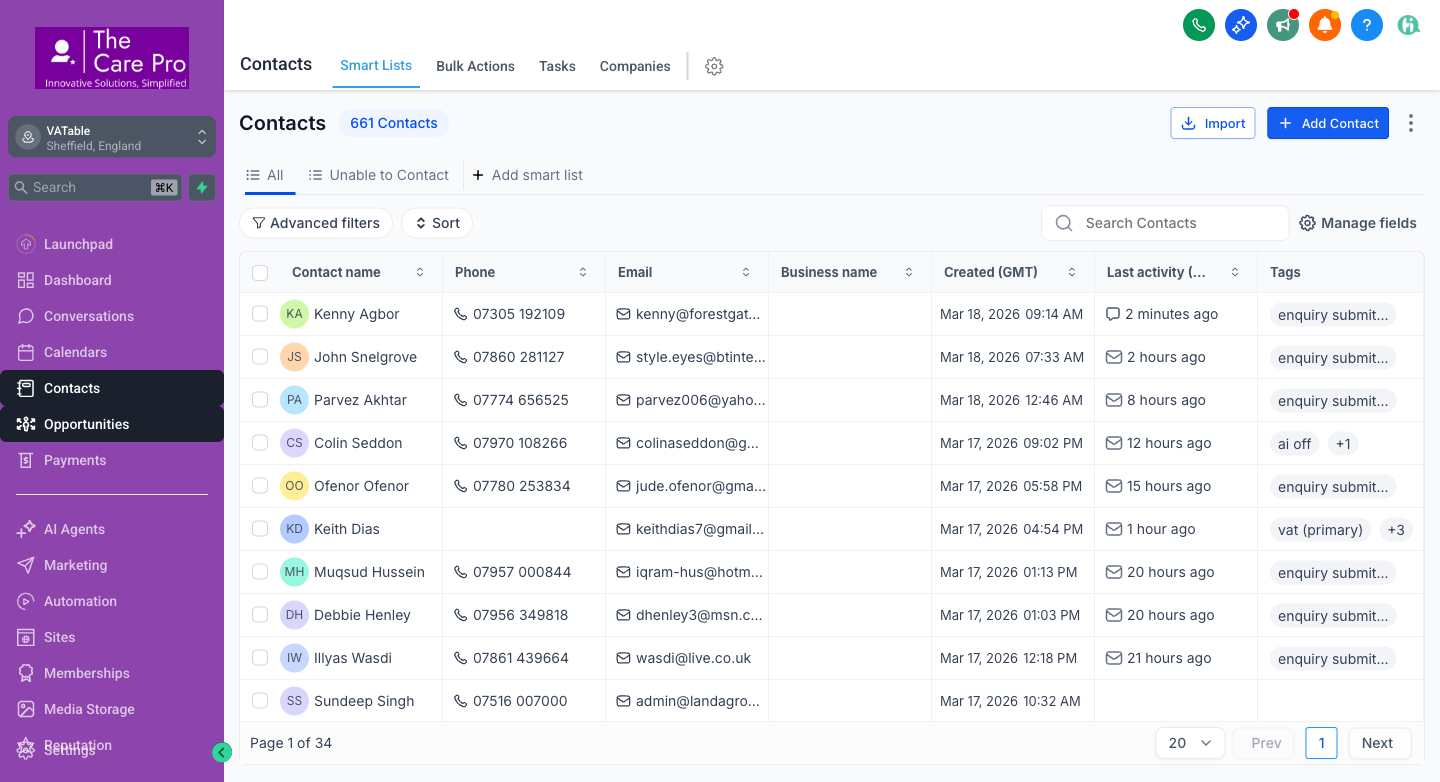 GHL Contacts list showing 661 contacts with tags